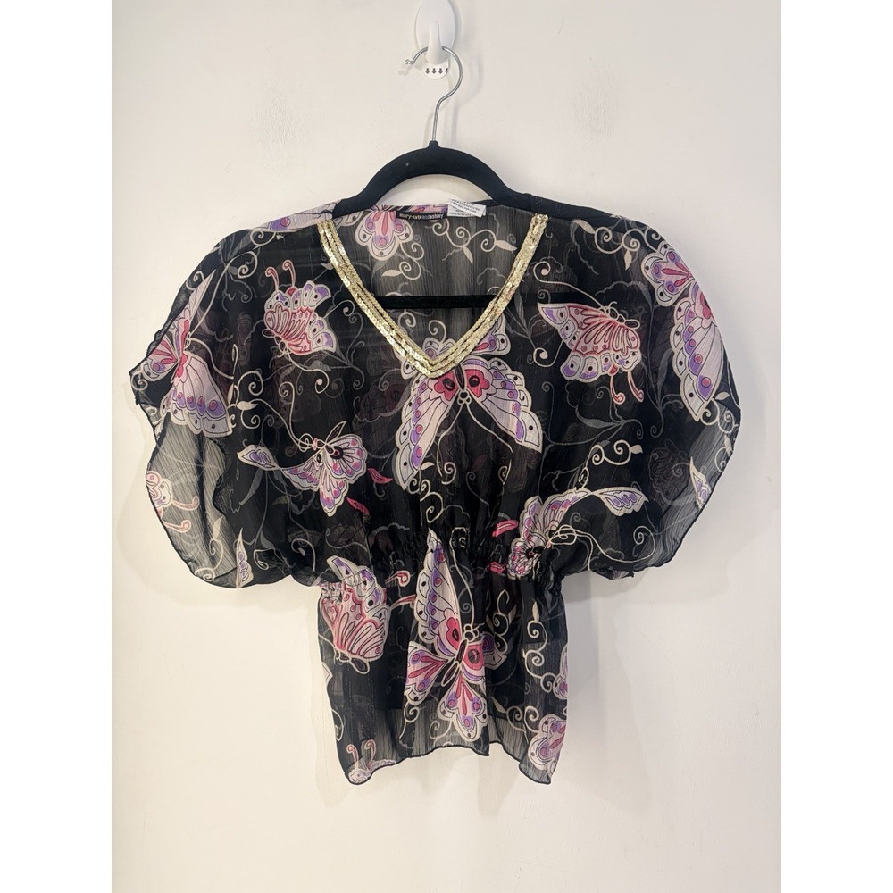 Y2K Mary-Kate & Ashley Sheer Butterfly Blouse Girls S 6/6X Sequin Boho